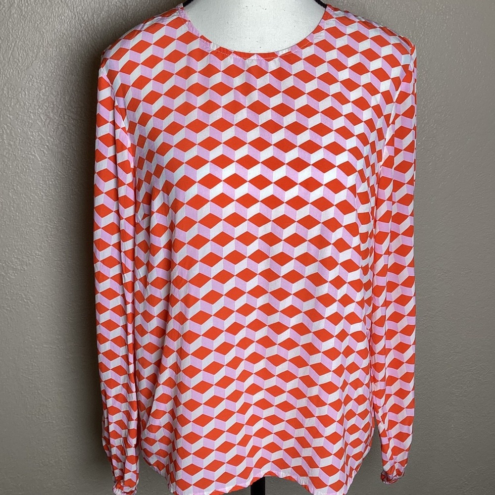 Boden Geometric Cube Print Blouse Orange Pink White Long Sleeve Top US 10 T1618